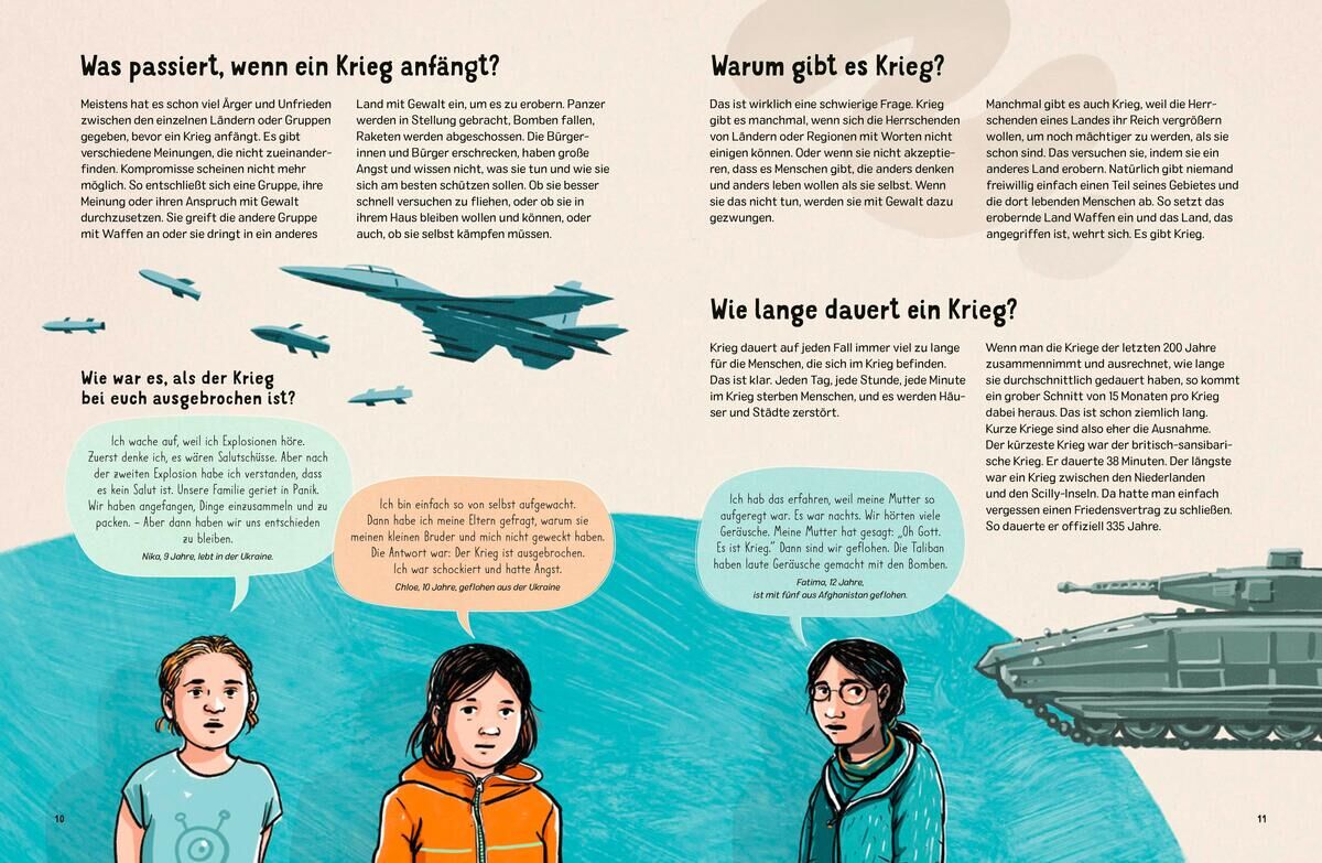 Eine illustriertes Buch mit dem Titel 'Wann ist endlich Frieden?' von E. Raffauf. Das Bild zeigt Textblöcke, die Fragen über Krieg und Frieden erklären. Es gibt farbige Illustrationen von Kindern sowie von Militärflugzeugen und einem Panzer, die die verschiedenen Themen visualisieren.