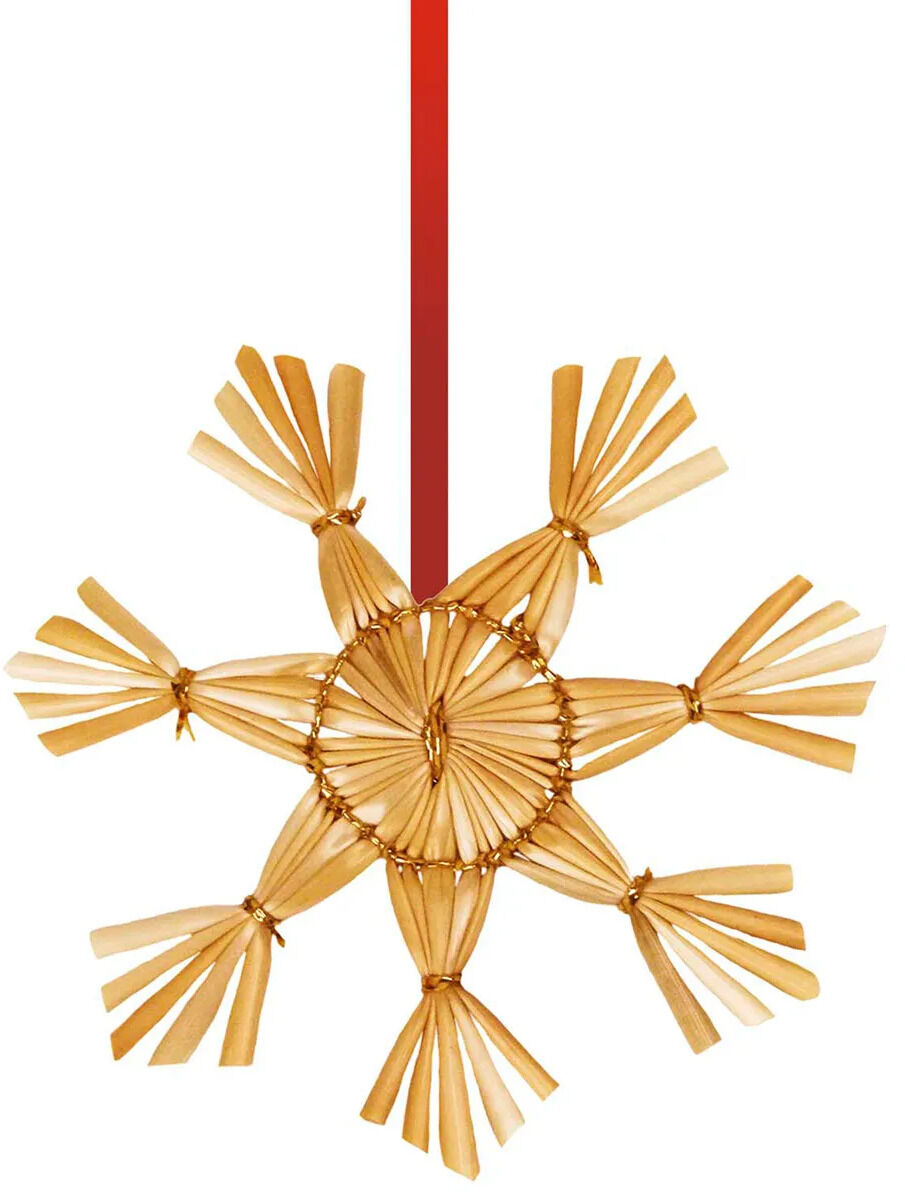 Filigraner Adventsstern aus naturbelassenem Stroh, in traditioneller Handarbeit gefertigt. Der sternförmige Anhänger ist mit einem roten Schleifenband zum Aufhängen versehen und eignet sich als Christbaumschmuck, Deko oder Geschenkanhänger. Schlicht, dekorativ und weihnachtlich.