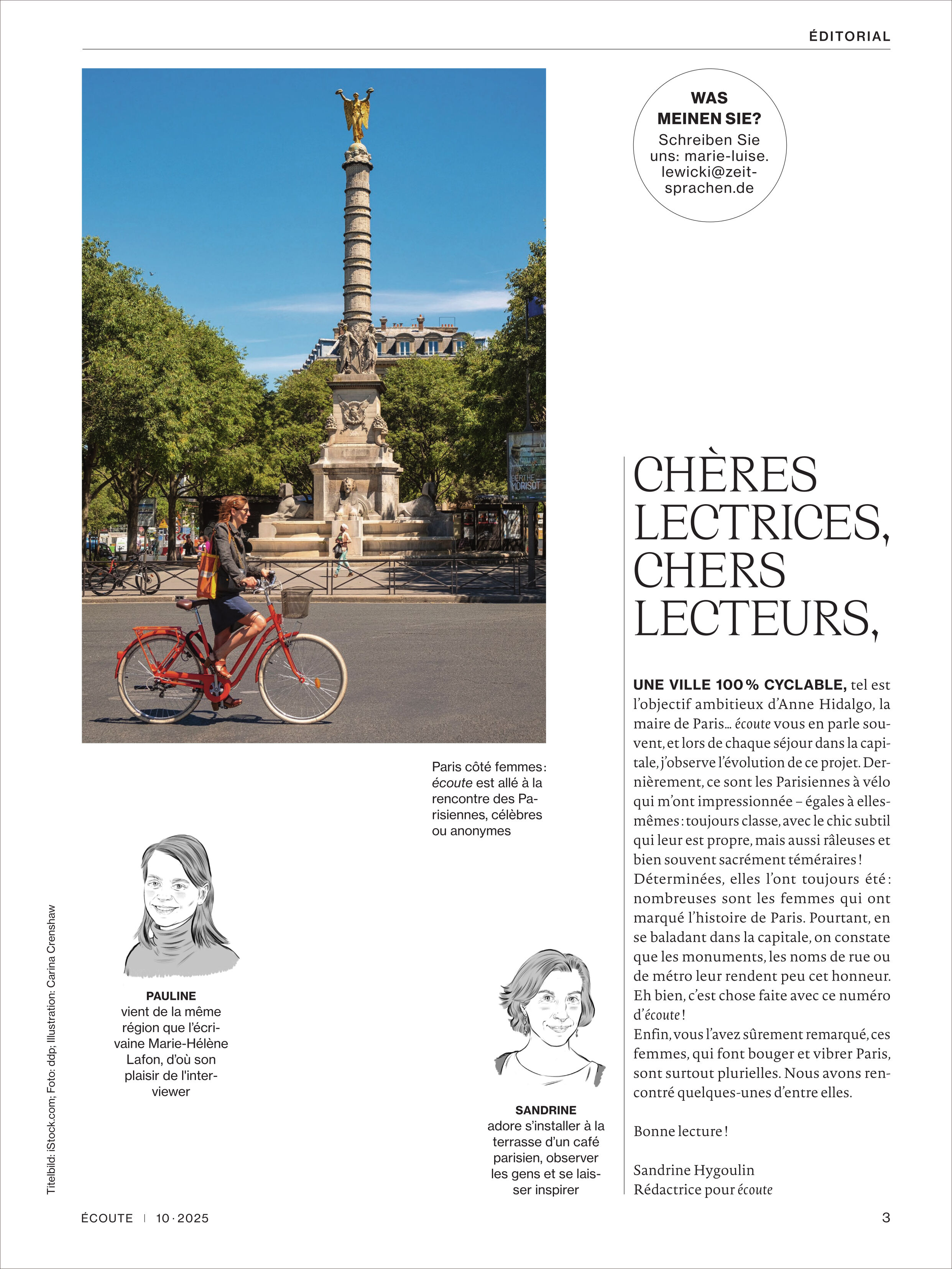 Titelbild des Écoute Magazins 10/2025 mit einer Frau auf einem roten Fahrrad vor einem historischen Denkmal in einer sonnigen französischen Stadt, umgeben von Bäumen, ergänzt mit Editorial-Text und gezeichneten Porträts zweier Redakteurinnen.
