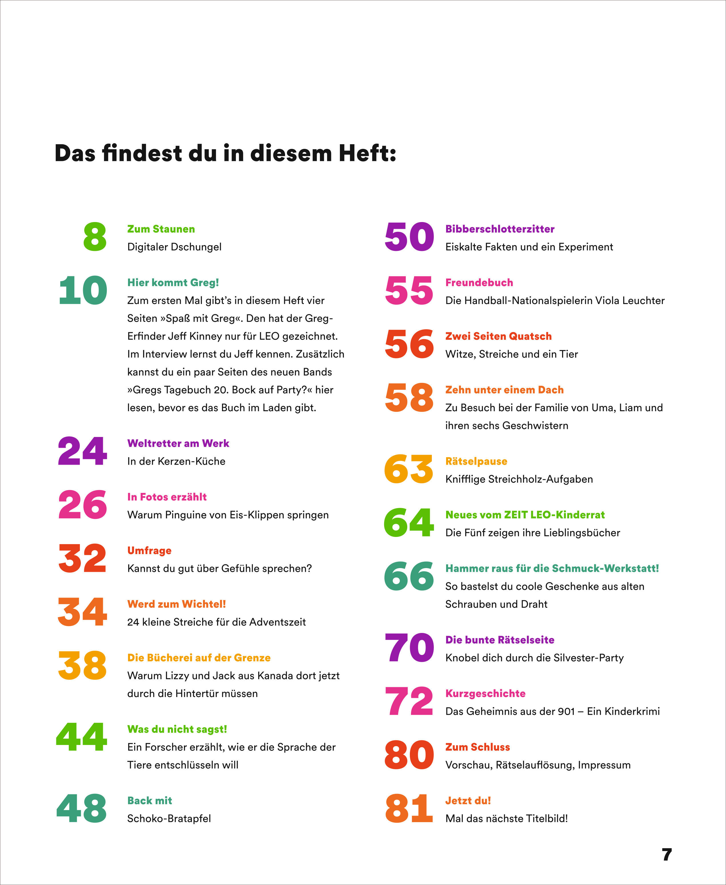 Die Abbildung zeigt das farbenfrohe Inhaltsverzeichnis des Kinder- und Jugendmagazins ZEIT LEO 6/25 auf Deutsch. Auf weißem Hintergrund sind in bunten Zahlen die Seitenzahlen und Themen des Heftes für Kinder prominent dargestellt, umgeben von kurzen, informativen Beschreibungen zu den einzelnen Rubriken.