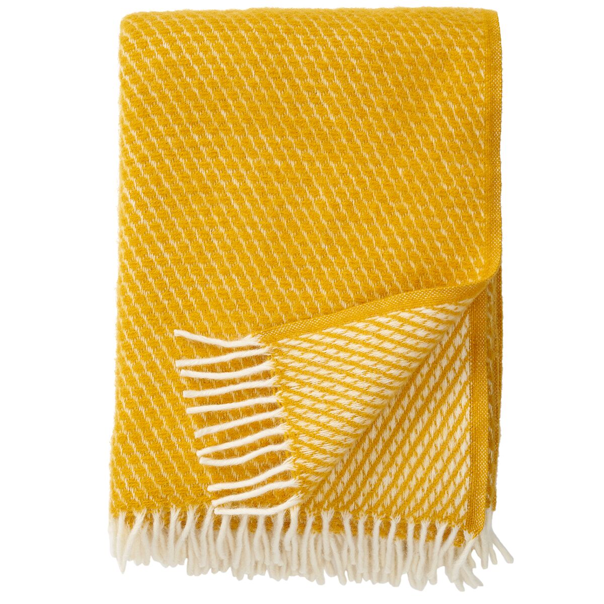 Eine gelb-weiße Decke mit Fransen, hochwertig gewebt und gefaltet, geeignet als Wohnaccessoire für Sofa oder Bett.