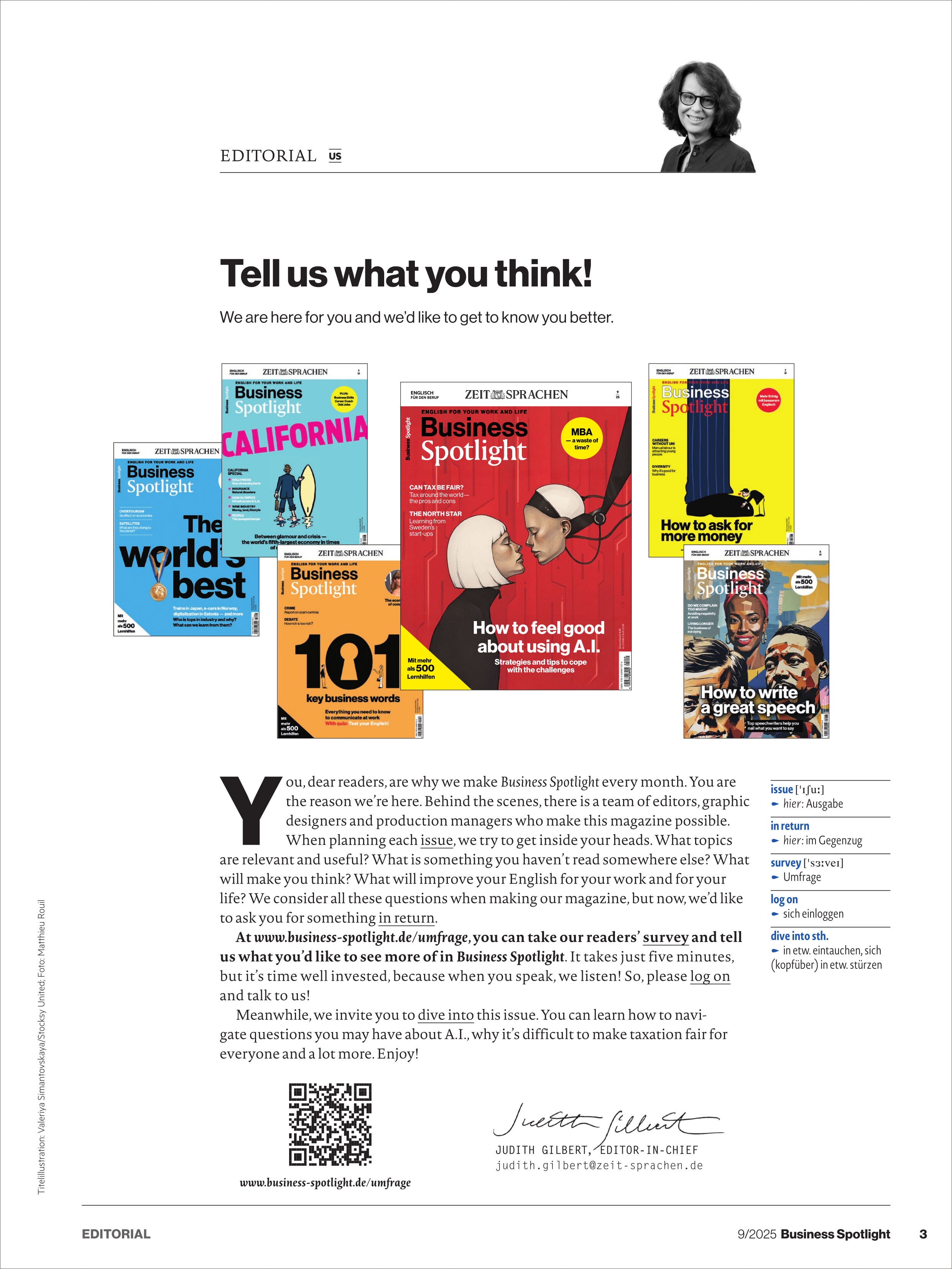 Das Bild zeigt eine Editorial-Seite des Magazins Business Spotlight 9/2025. In der Mitte sind mehrere Magazincover mit unterschiedlichen Titelseiten, Farben und Themen aus dem Businessbereich abgebildet. Oben ist ein Editorial-Text zu lesen und rechts oben ein schwarz-weißes Porträt der Chefredakteurin. Die Cover illustrieren Themen wie künstliche Intelligenz, Business Englisch und globale Wirtschaft. Darunter stehen Informative Texte über den Inhalt und die Zielgruppe des Magazins.