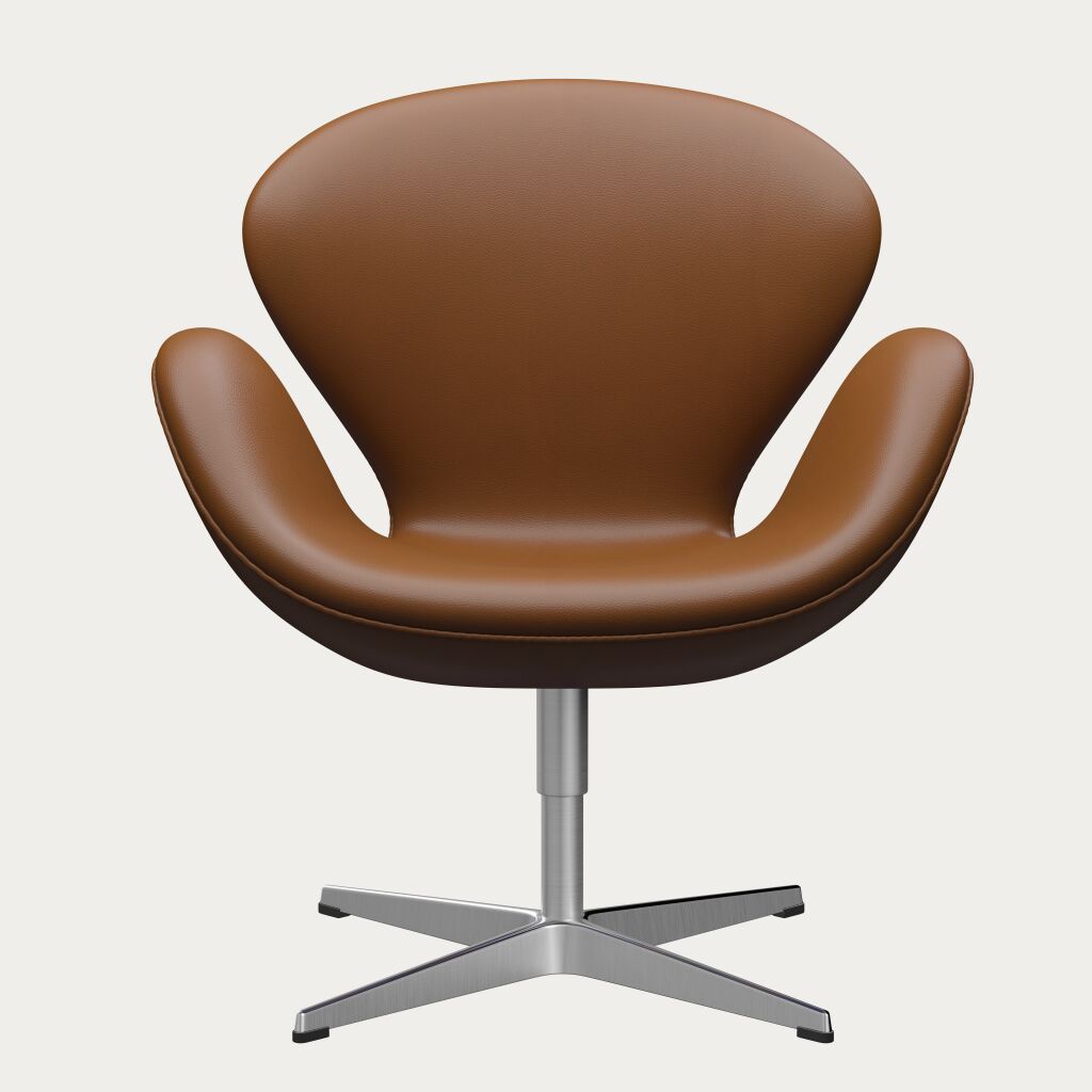 Moderner brauner Lounge-Sessel der ZEIT Sonderedition 'Swan' aus Leder mit abgerundeter Sitzfläche und Rückenlehne, auf einem drehbaren Metallfuß, vor weißem Hintergrund.