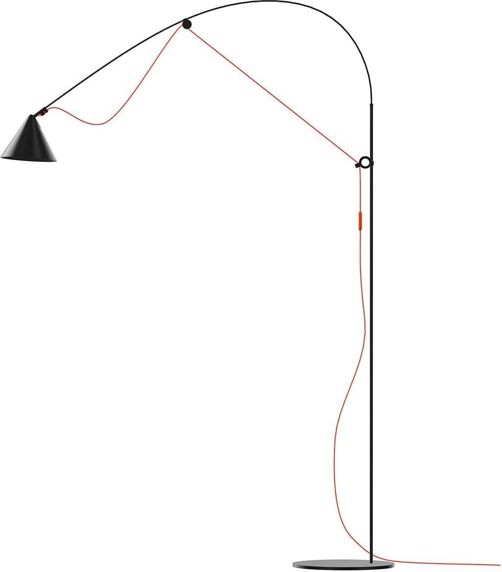 Eine stilvolle Stehlampe mit dem Namen »AYNO«. Die Lampe hat ein minimalistisches Design und ist in schwarz mit einem orangefarbenen Kabel dargestellt. Sie hat einen geschwungenen Lampenschirm und eignet sich ideal für moderne Innenräume.