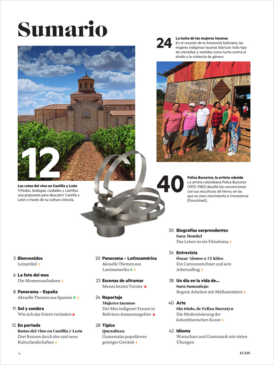 Titelseite des Ecos Magazin 11/2026 mit Inhaltsverzeichnis. Im oberen Bereich ein Foto eines Weinbergs in Kastilien-León, darunter eine moderne Skulptur, oben rechts eine bolivianische Frauengruppe, mehrere Artikelthemen wie Weinrouten, Frauen in Bolivien und Biografien, klar strukturierte Texte.