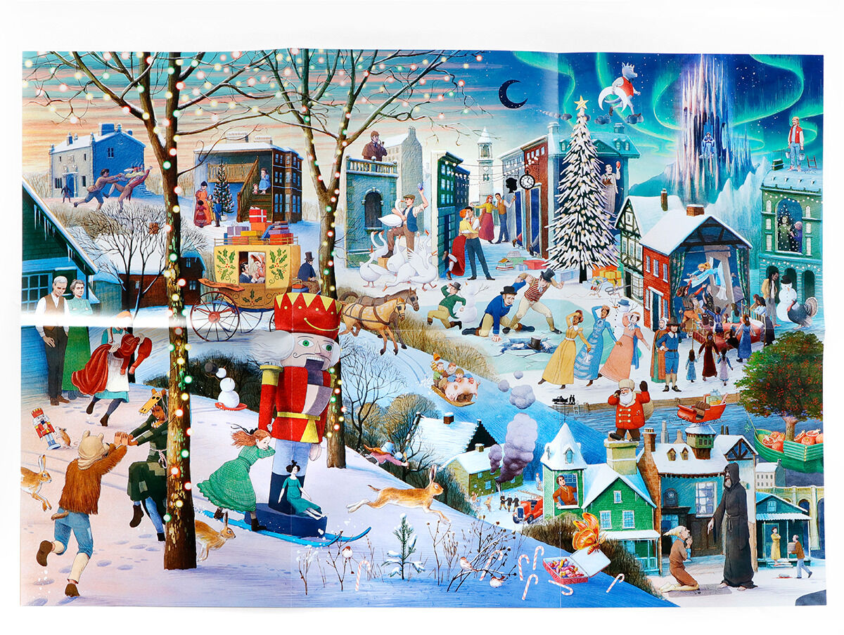 Ein weihnachtliches Puzzle mit einer detaillierten Winterlandschaft. Verschiedene Weihnachtsszenen sind abgebildet: Häuser im Schnee, Kinder spielen, Weihnachtslichter und Dekoration, ein Weihnachtsbaum und Geschenke. Die Farben sind überwiegend Blau, Weiß, Rot, Grün, Gelb und Braun.