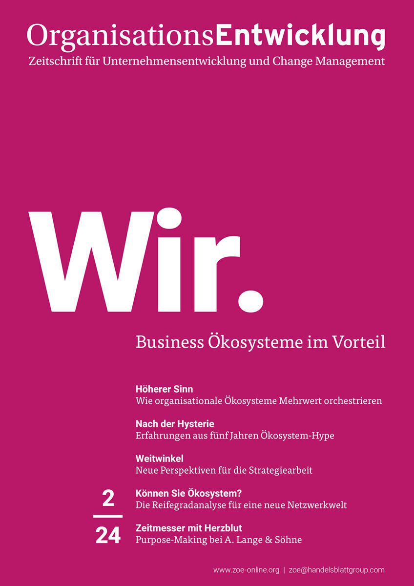 Cover der Zeitschrift OrganisationsEntwicklung Ausgabe 02/2024 mit dem Titel 'Wir. Business Ökosysteme im Vorteil'. Die Hauptfarben sind Rot, Weiß und Schwarz. Texte zu Themen der Unternehmensentwicklung und Change Management sind sichtbar.