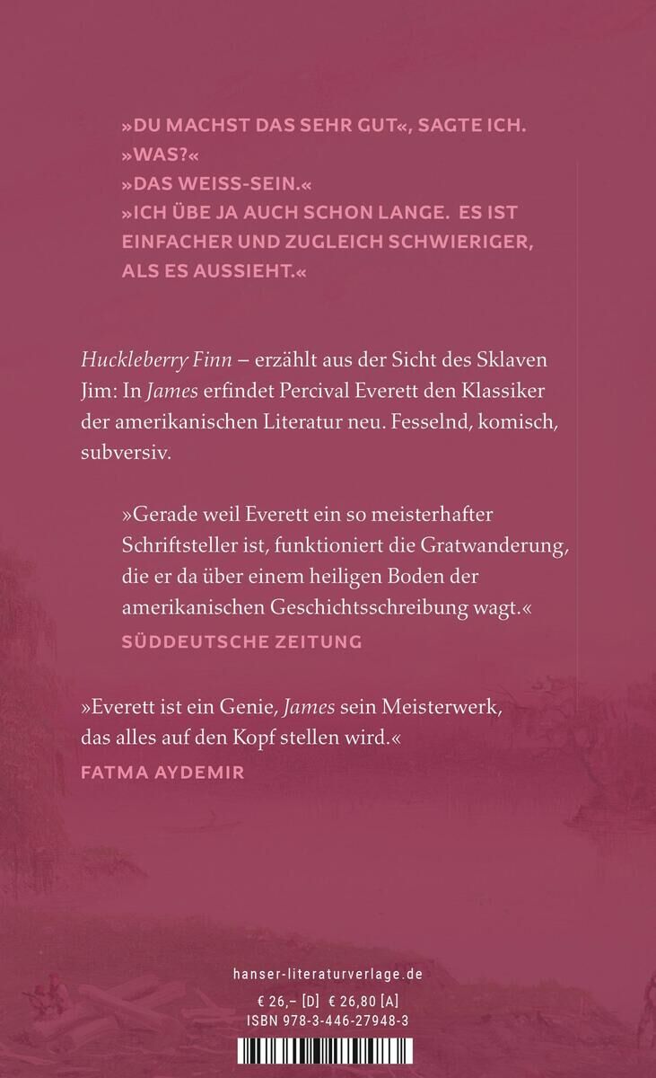 Rückseite eines Buches mit Titeln 'Everett, P: James'. Enthält mehrere Zitate über das Buch und die Literatur, auf rotem Hintergrund mit weißer Schrift.