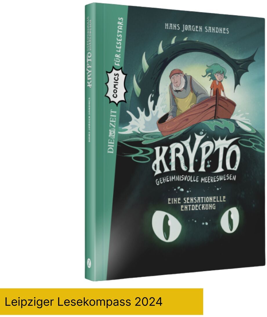 Das Buchcover des Comics „Krypto – geheimnisvolle Meereswesen. Eine sensationelle Entdeckung“ von Hans Jørgen Sandnes zeigt ein Mädchen und einen älteren Mann in einem Boot auf stürmischem Meer, umgeben von grünen monströsen Augen und Zähnen. Unten steht der Hinweis „Leipziger Lesekompass 2024“.