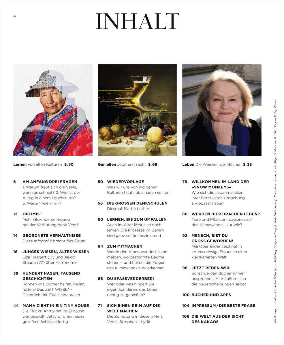 Das Bild zeigt das Inhaltsverzeichnis der Ausgabe 1/22 des Magazins ZEIT WISSEN mit dem Titel 'Die Erzählung deines Lebens'. Oben sind drei Bilder: eine Person in bunter Kleidung, verschiedene Gläser und eine füllige Frucht, und ein Portrait einer lächelnden älteren Frau. Darunter sind mehrere Artikelüberschriften und Seitenzahlen in schwarz auf weißem Hintergrund aufgelistet.
