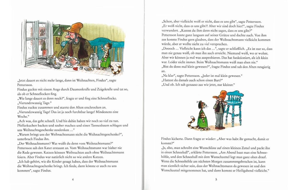 Dieses Bild zeigt eine Doppelseite aus dem Buch 'Morgen, Findus, wird's was geben'. Links ist eine farbenfrohe Illustration von Pettersson und Findus an einem Tisch zu sehen, mit einem Weihnachtsbaum im Hintergrund und Schneeflocken draußen. Rechts ist Text in deutscher Sprache gedruckt, der die Geschichte weiter erzählt.