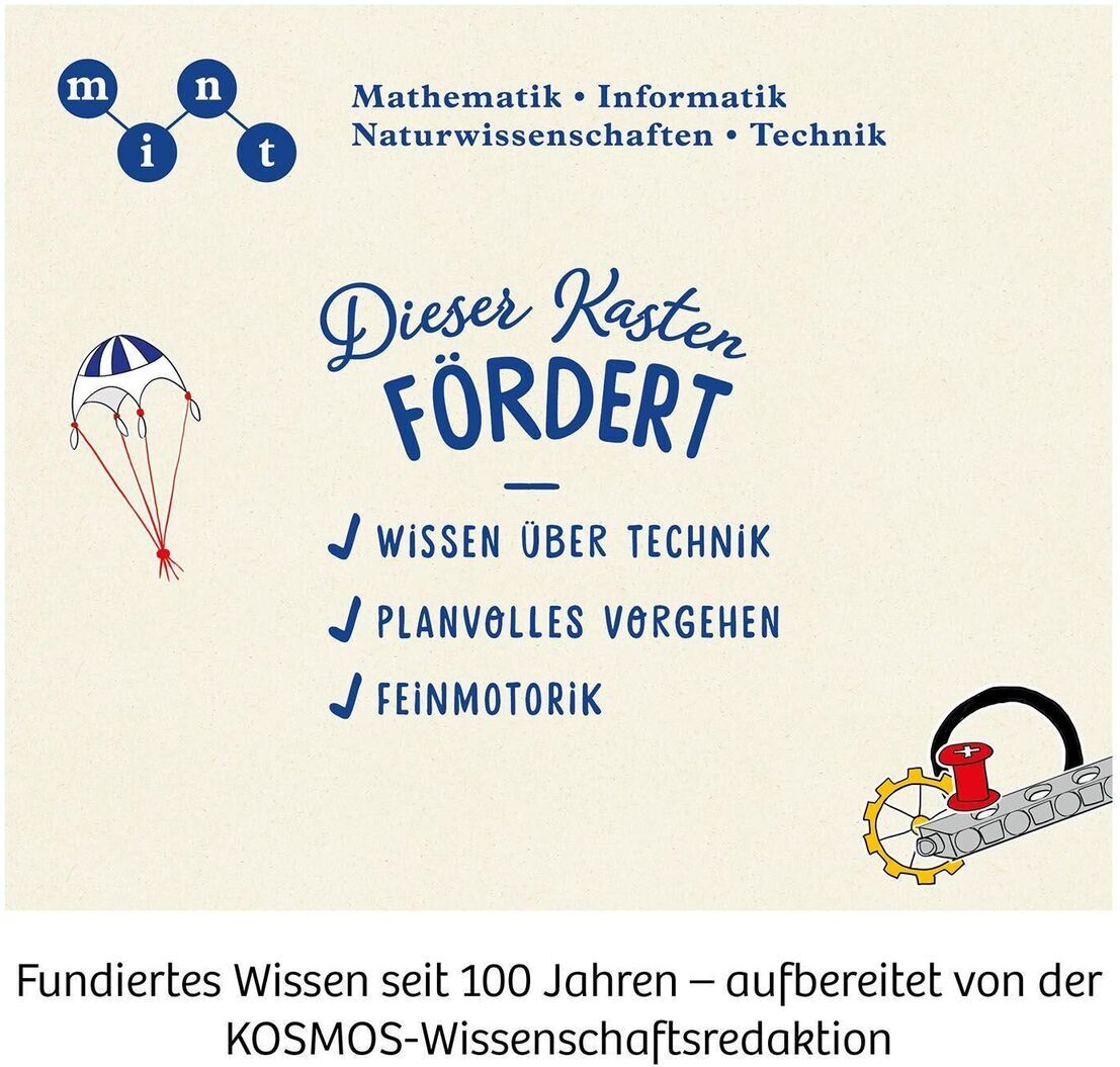 Dieser Experimentierkasten von Kosmos fördert Wissen in Technik, Mathematik, Informatik und Naturwissenschaften. Verpackung in Blau, Weiß und Gelb gehalten. Geeignet für Kinder zur frühzeitigen Bildung und Feinmotorik.