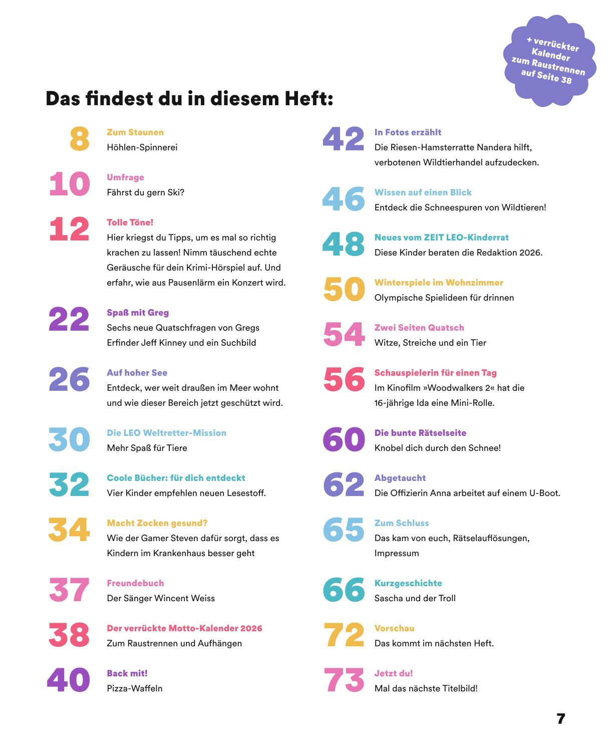 Detailreich gestaltetes Inhaltsverzeichnis einer Kinderzeitschrift mit bunter, großer Schrift auf weißem Hintergrund. Alle Themen und Seitenzahlen der Ausgabe ZEIT LEO 1/26 sind in auffälligen Farben und unterschiedlich großen Ziffern strukturiert und übersichtlich angeordnet.