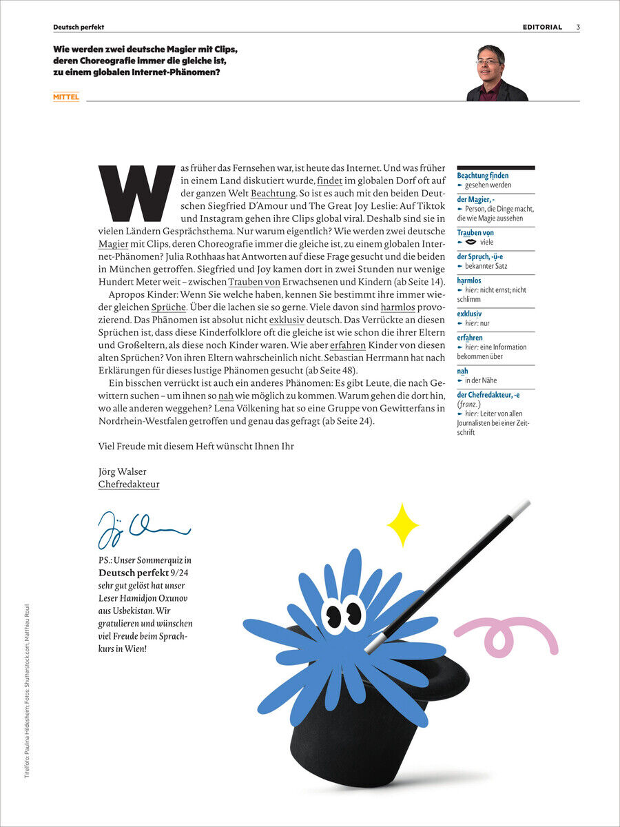 Eine Ausgabe des Deutsch perfekt Magazins vom November 2024. Auf der Seite gibt es Textabschnitte, einen abgedruckten handschriftlichen Text mit Unterschrift, und eine Illustration eines blauen cartoonartigen Charakters mit einer Zauberstab. Oben rechts im Bild ist ein Inhaltsverzeichnis zu sehen.