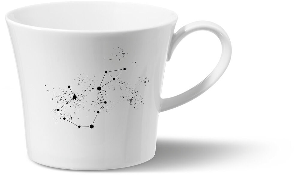 Weiße Frühstückstasse mit schwarzem Sternzeichen-Design in minimalistischem Stil.