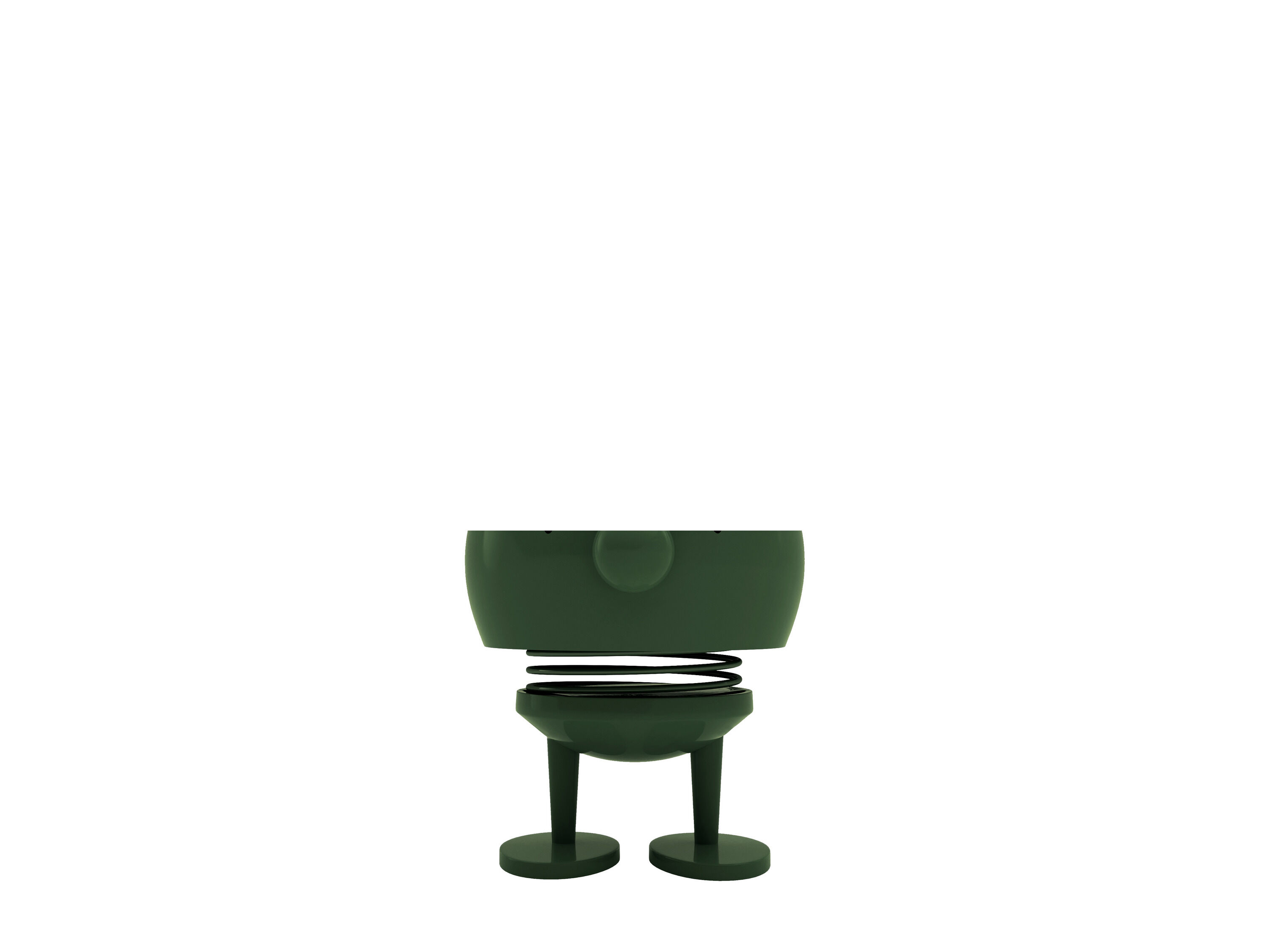 Die Dekofigur »Pine Green« von Hoptimist zeigt eine fröhliche, rundliche Figur mit Feder zwischen Kopf und Körper, zwei Beinen und runden Füßen. Die Figur ist komplett dunkelgrün, aus ABS und Stahl gefertigt und etwa 11 cm hoch. Perfekt als Dekoration oder Geschenk.