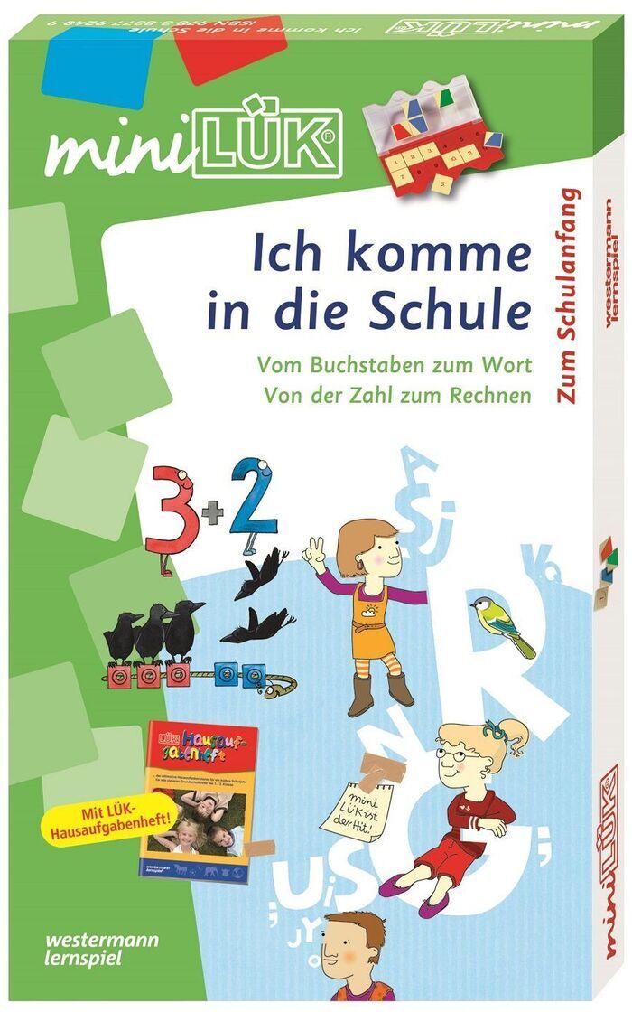 Die Verpackung des mini-LÜK-Sets »Ich komme in die Schule«. Auf der Verpackung steht der Titel und es sind Illustrationen von Kindern, die Mathematikaufgaben lösen und mit Buchstaben spielen, zu sehen. Das Set ist für den Schulanfang und umfasst Lernspiele für Buchstaben und Zahlen. Das Produkt ist von Westermann.