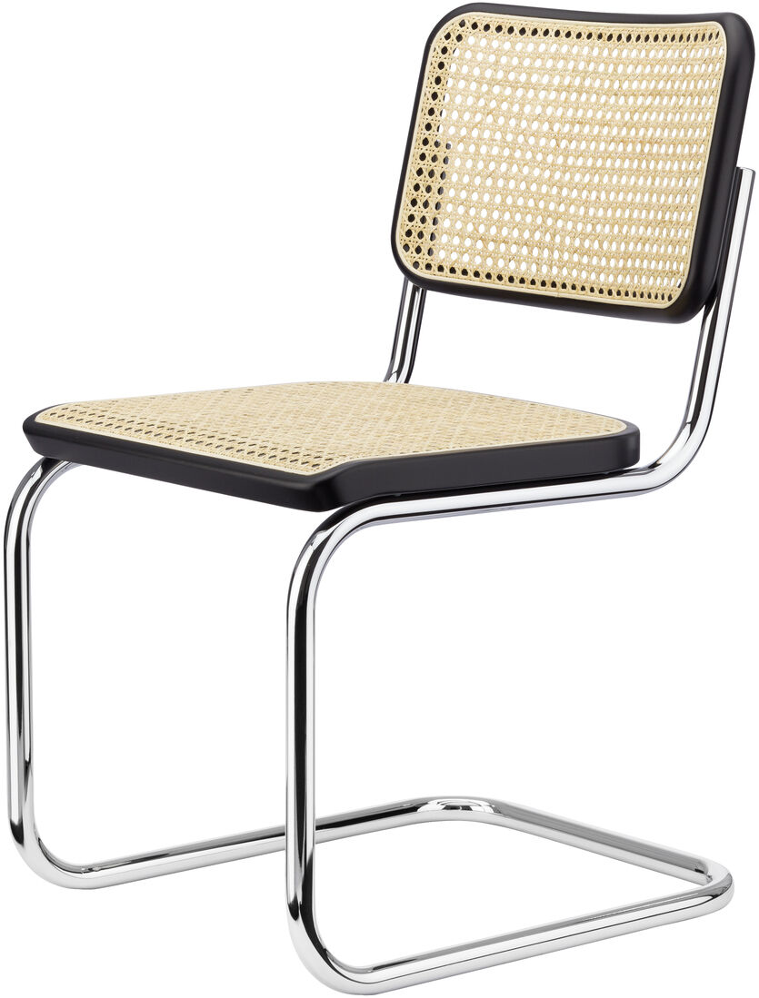 Set von Freischwinger-Stühlen der ZEIT-Sonderedition »S 32« von Thonet, mit einem schwarzen Rahmen, aus Stahlrohr und einer beige Korbgeflecht-Sitzfläche und Rückenlehne.