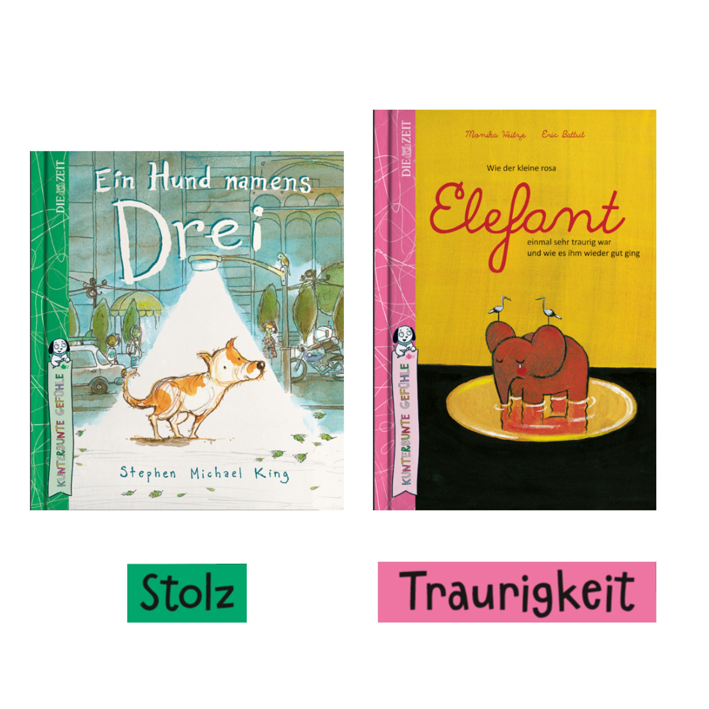 Zwei Bilderbuch-Cover nebeneinander. Links: „Ein Hund namens Drei“ von Stephen Michael King, grünes Cover mit einem Hund in einem Springbrunnen, unten der Begriff „Stolz“ in einem grünen Feld. Rechts: „Wie der kleine rosa Elefant“ mit gelbem Hintergrund und einem rosa Elefanten, der traurig in einer Schale sitzt, darunter „Traurigkeit“ in rosa Feld.