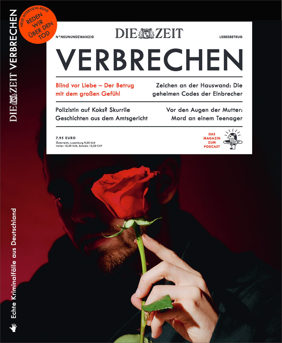 Cover des Magazins 'ZEIT VERBRECHEN' mit Titel in Rot und Bild von einer Person mit einer Rose in der Hand. Das Magazin fokussiert sich auf Kriminalfälle und Gesellschaftsthemen.