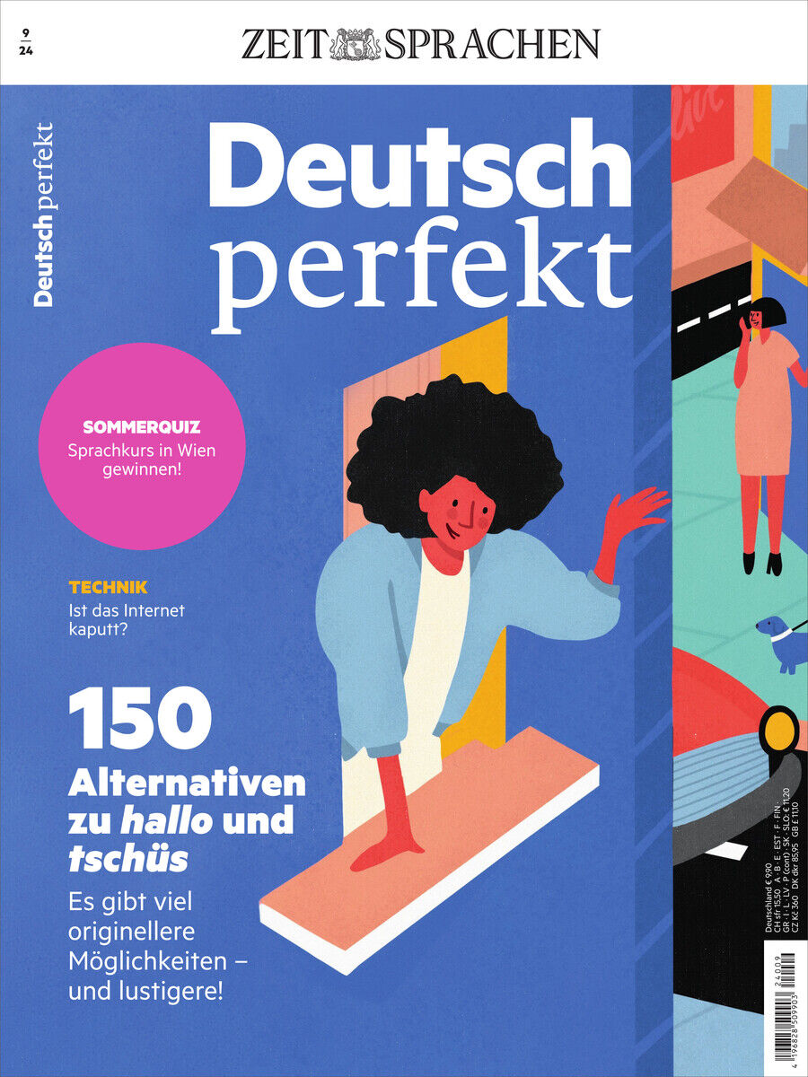 Titelblatt des Deutsch perfekt Magazins 09/2024 mit bunten Illustrationen und textlichen Hinweisen wie „Sommerquiz“ und „150 Alternativen zu hallo und tschüss“.