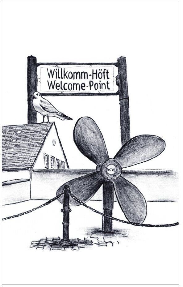 Zeichnung mit einem Schild, das 'Willkomm-Höft Welcome-Point' anzeigt, und einem Vogel, der darauf sitzt. Ein großer Schiffspropeller ist im Vordergrund zu sehen, alles in Schwarz-Weiß-Tönen.