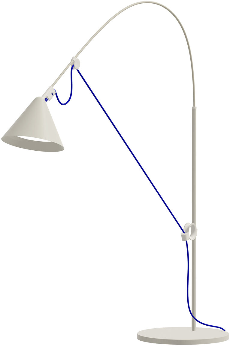 Tischlampe »AYNO« mit einem biegbaren weißen Hals und einem blauen Kabel, modernes und minimalistisches Design.