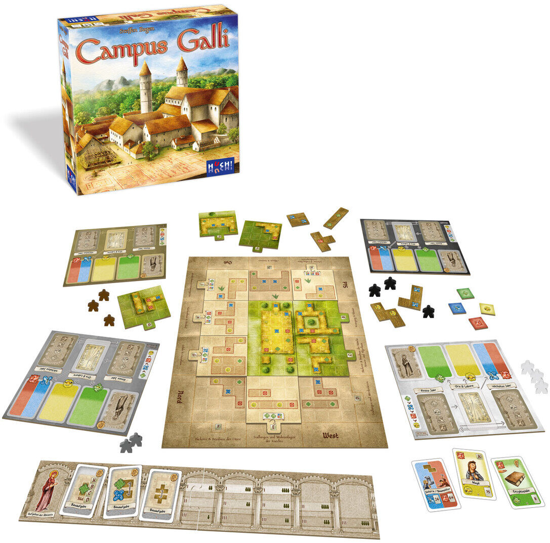 Das Bild zeigt das Brettspiel 'Campus Galli'. Es enthält ein Spielbrett, Karten, Spielfiguren und andere Spielkomponenten, die ein mittelalterliches Thema und Städtebau darstellen. Die Schachtel des Spiels liegt im Hintergrund.