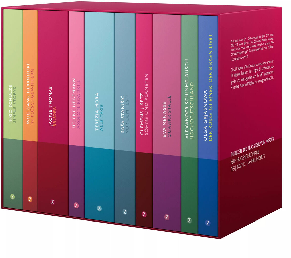 ZEIT-Edition »Die Klassiker von morgen« – Eine Sammlung von Hardcover-Büchern in verschiedenen Farben, geordnet in einem Bücherregal mit rotem Gehäuse. Jedes Buch hat einen einzigartigen farbigen Einband mit Titeln und Autorenname auf dem Rücken.