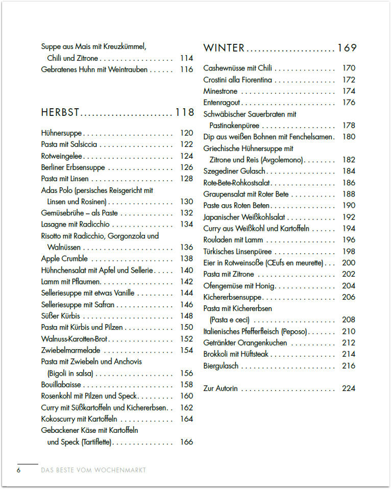 Inhaltsverzeichnis des Kochbuchs »Das Beste vom Wochenmarkt«. Das Buch enthält verschiedene Rezepte für Herbst- und Wintergerichte, geordnet nach Zutaten und Themen.