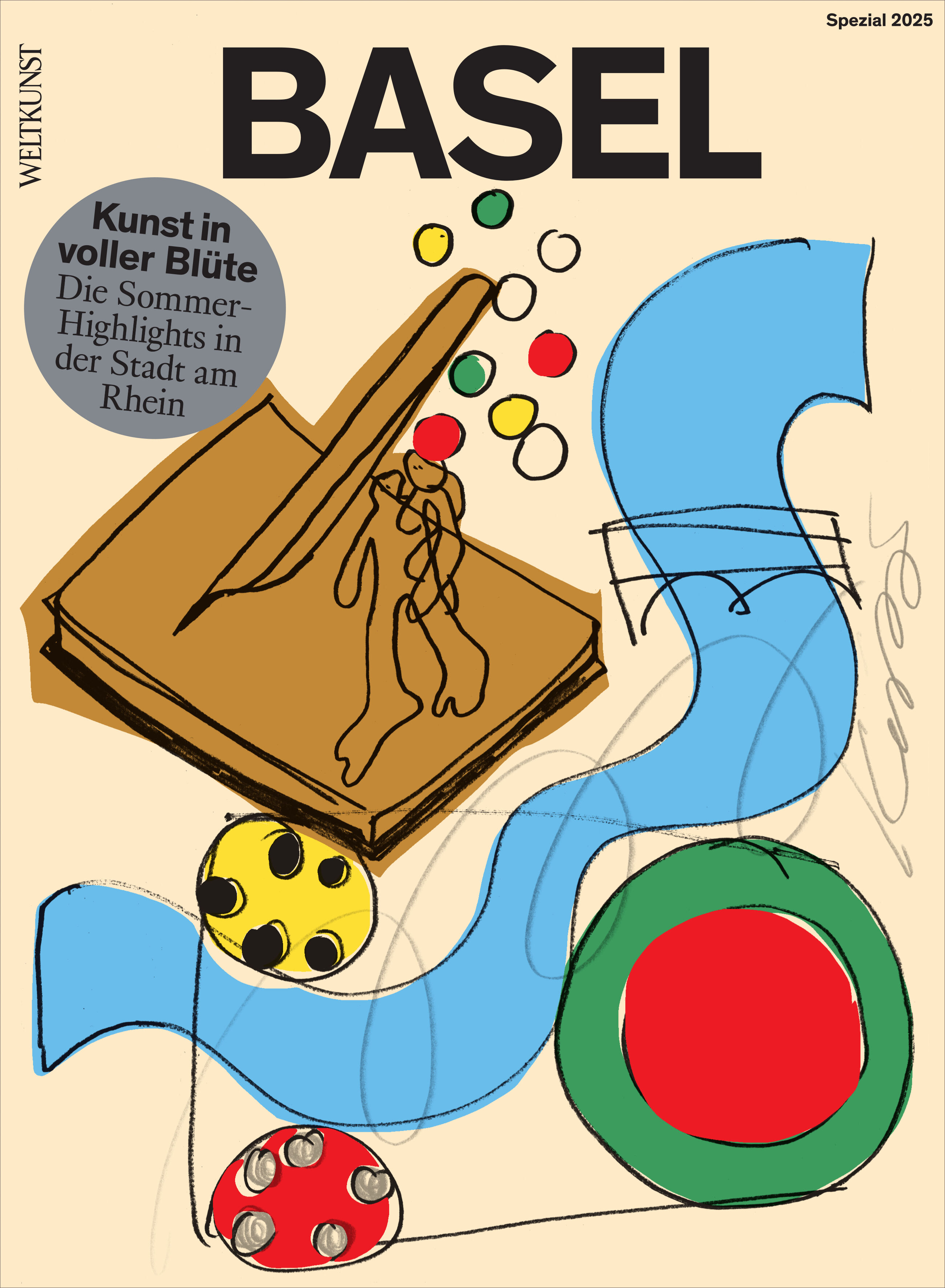 Cover der Zeitschrift 'WELTKUNST 242/25 Sonderheft Basel' mit abstrakter Grafik und leuchtenden Farben, zeigt eine skizzierte Figur, geometrische Formen und eine große blaue Welle. Der Titel hebt kulturelle Sommer-Highlights in der Stadt Basel hervor.