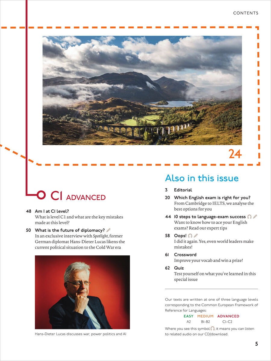 Die Seite zeigt oben ein großes Foto einer malerischen britischen Landschaft mit Bergen, Viadukt und See unter bewölktem Himmel. Darunter folgen Textabschnitte wie 'CI ADVANCED' und eine Übersicht des Magazininhalts. Unten links Porträt eines Mannes, armselig angezogen, mit Denkerpose.