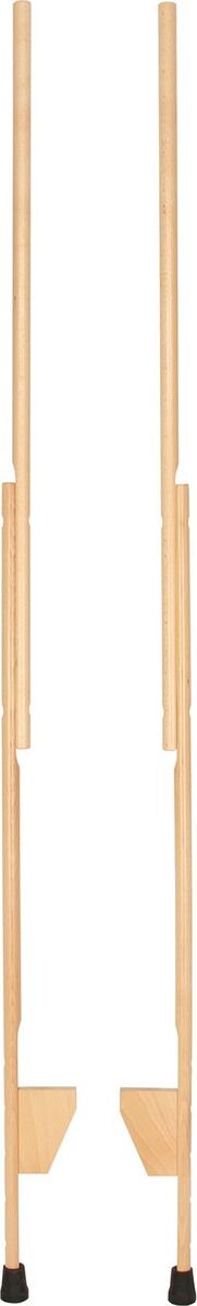 Zwei große Stelzen aus Holz mit schwarzen Gummifüßen. Die Stelzen bestehen aus hellem, unbehandeltem Holz und haben eine einfache, robuste Konstruktion.