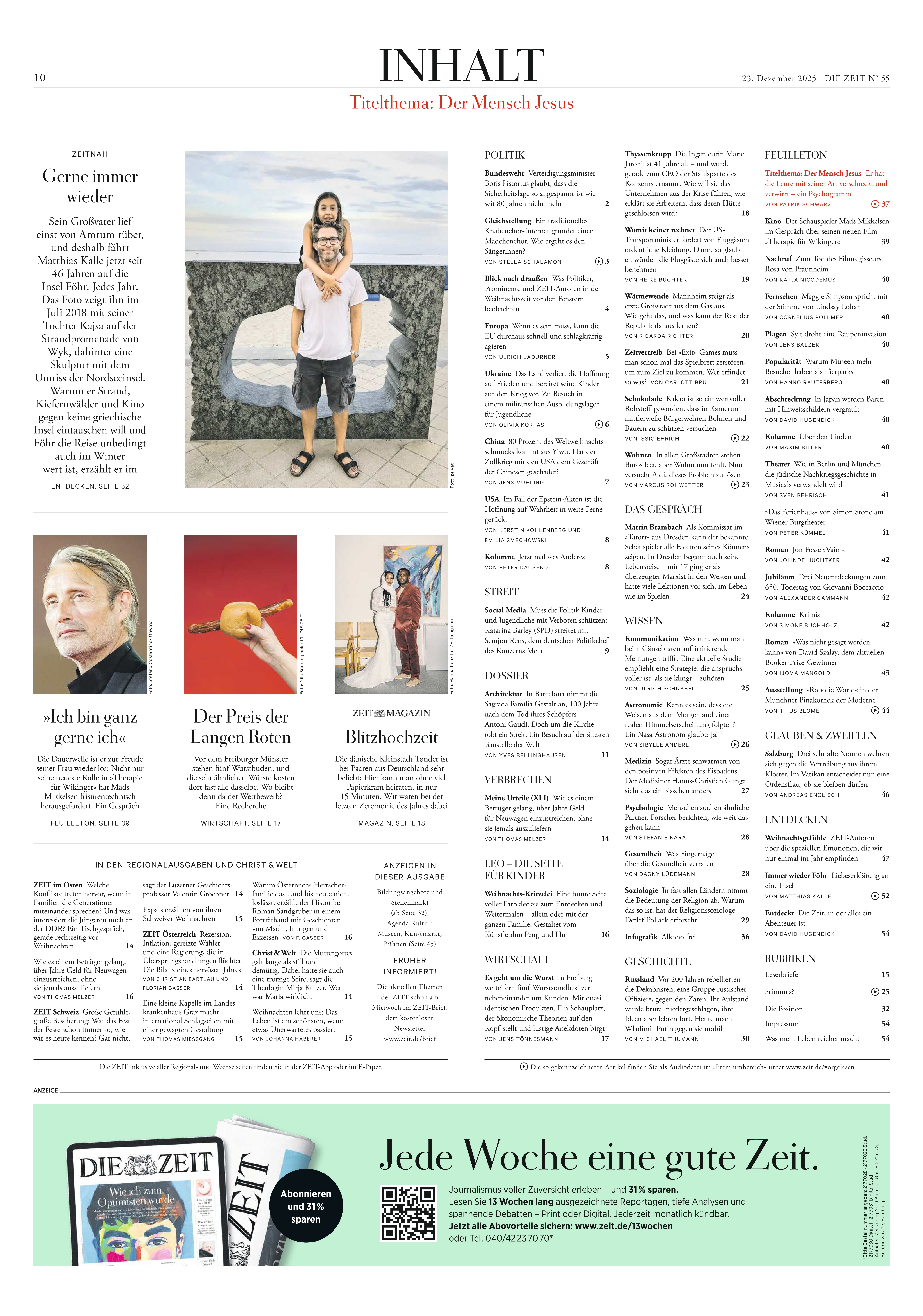 Eine DIN-A3-Seite einer Zeitung, überwiegend weiß mit schwarzer Schrift. Oben mittig steht groß „INHALT“. Es gibt mehrere Spalten mit Artikeltiteln, Themenrubriken und Seitenzahlen. Zwei Farbfotos illustrieren Beiträge rechts und links. Unten eine breite, hellblaue Werbeanzeige mit Logo und Text.