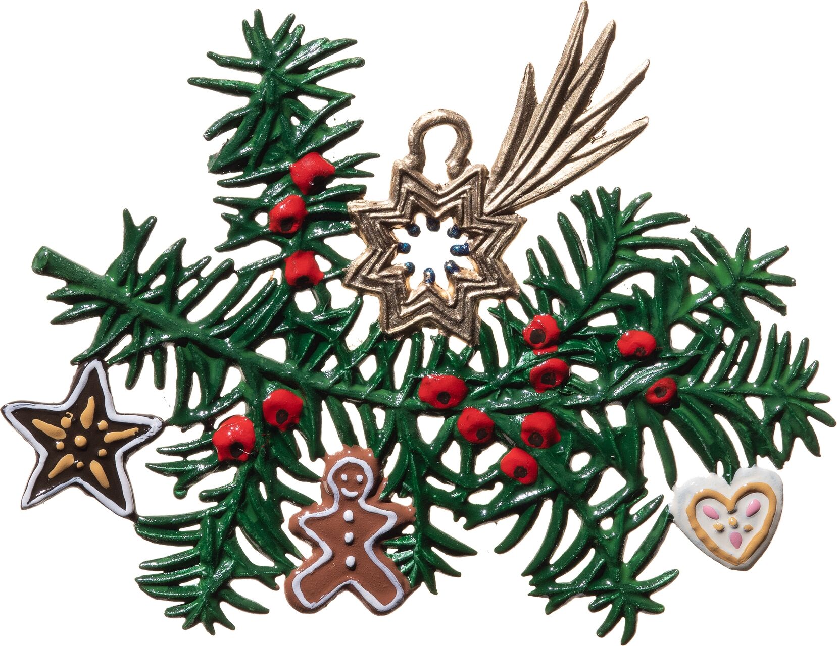 Detailreiche Zinnfigur zeigt einen Eibenzweig mit roten Beeren, goldfarbenem Sternanhänger und weihnachtlichen Plätzchenmotiven. Das Motiv eignet sich als festliche Weihnachtsdekoration und vermittelt einen traditionellen, winterlichen Charakter.