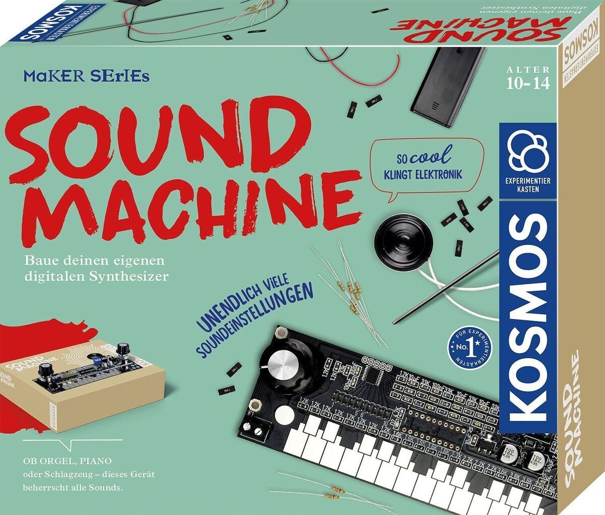 Bausatz für einen digitalen Synthesizer namens Sound Machine, geeignet für Kinder ab 10 Jahren. Das Paket zeigt die Komponenten wie Platinen, Kabel und Widerstände, zusammen mit gut sichtbaren Anweisungen und dem Kosmos-Logo.