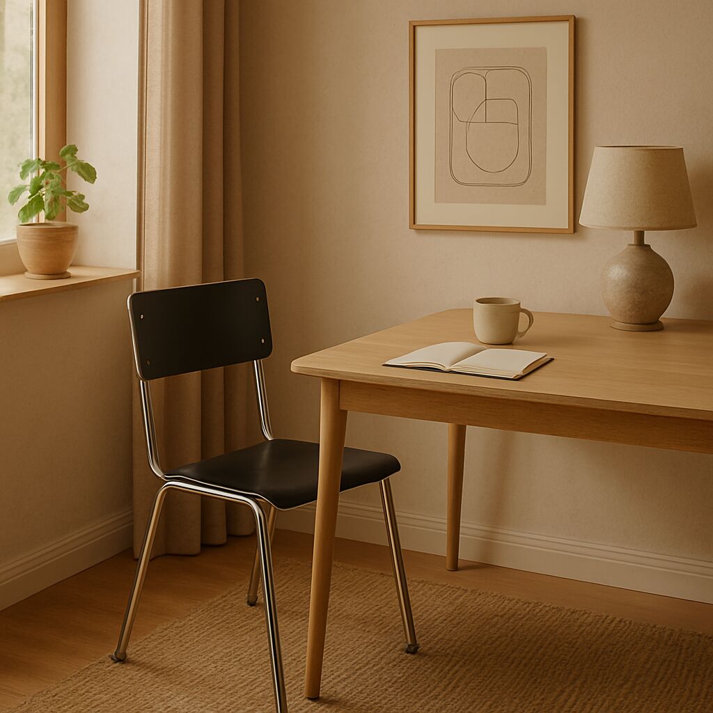 Ein minimalistisches Wohnzimmer mit einem Holzstuhl und einem Holztisch. Der Raum ist in warmen, neutralen Tönen gestaltet und beinhaltet eine Pflanze auf der Fensterbank, eine gerahmte Zeichnung an der Wand und einen Lampenschirm auf dem Tisch.