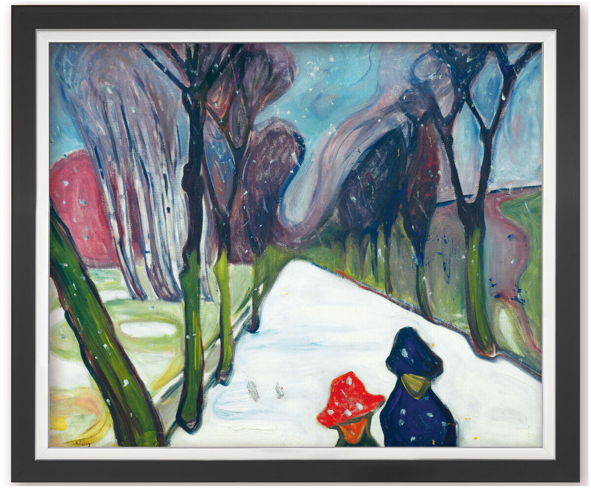 Das Gemälde 'Allee im Schneegestöber' von Edvard Munch zeigt eine schneebedeckte Allee mit kahlen Bäumen und zwei Personen, die sich in der verschneiten Landschaft bewegen. Die Farben umfassen blau, rot, grün, schwarz und weiß, und das Kunstwerk vermittelt eine winterliche, emotionale Atmosphäre.