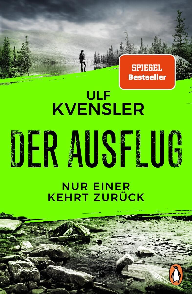 Buchumschlag von 'Ulf Kvensler - Der Ausflug - Nur einer kehrt zurück', ein Spiegel Bestseller. Das Bild zeigt eine grüne und graue Landschaft mit einem Wald und Bergen im Hintergrund.