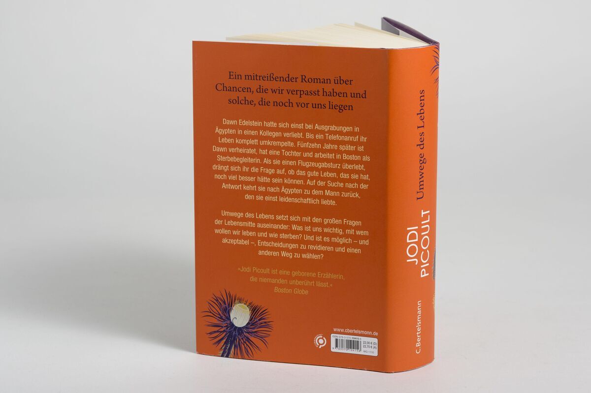 Rückseite eines Buches mit orangem Einband und dem Titel 'Umwege des Lebens' von Jodi Picoult. Es enthält Text und Zitate auf der Rückseite.