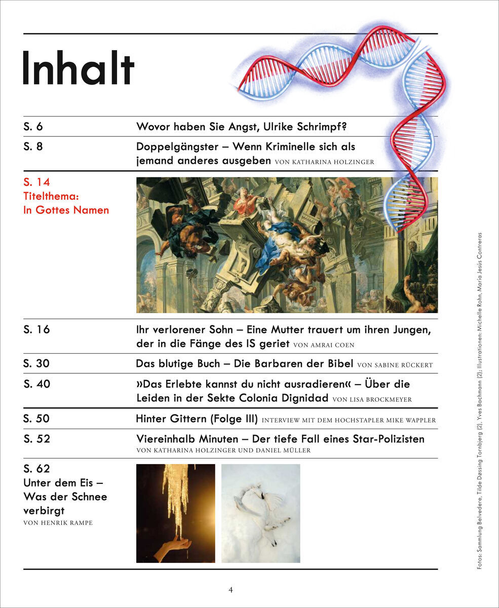 Inhaltsverzeichnis der Ausgabe ZEIT VERBRECHEN 24/23. Polizist und Kriminalität Themen im Fokus. DNA-Spuren Illustration, verschiedene Artikel-Titel enthält.