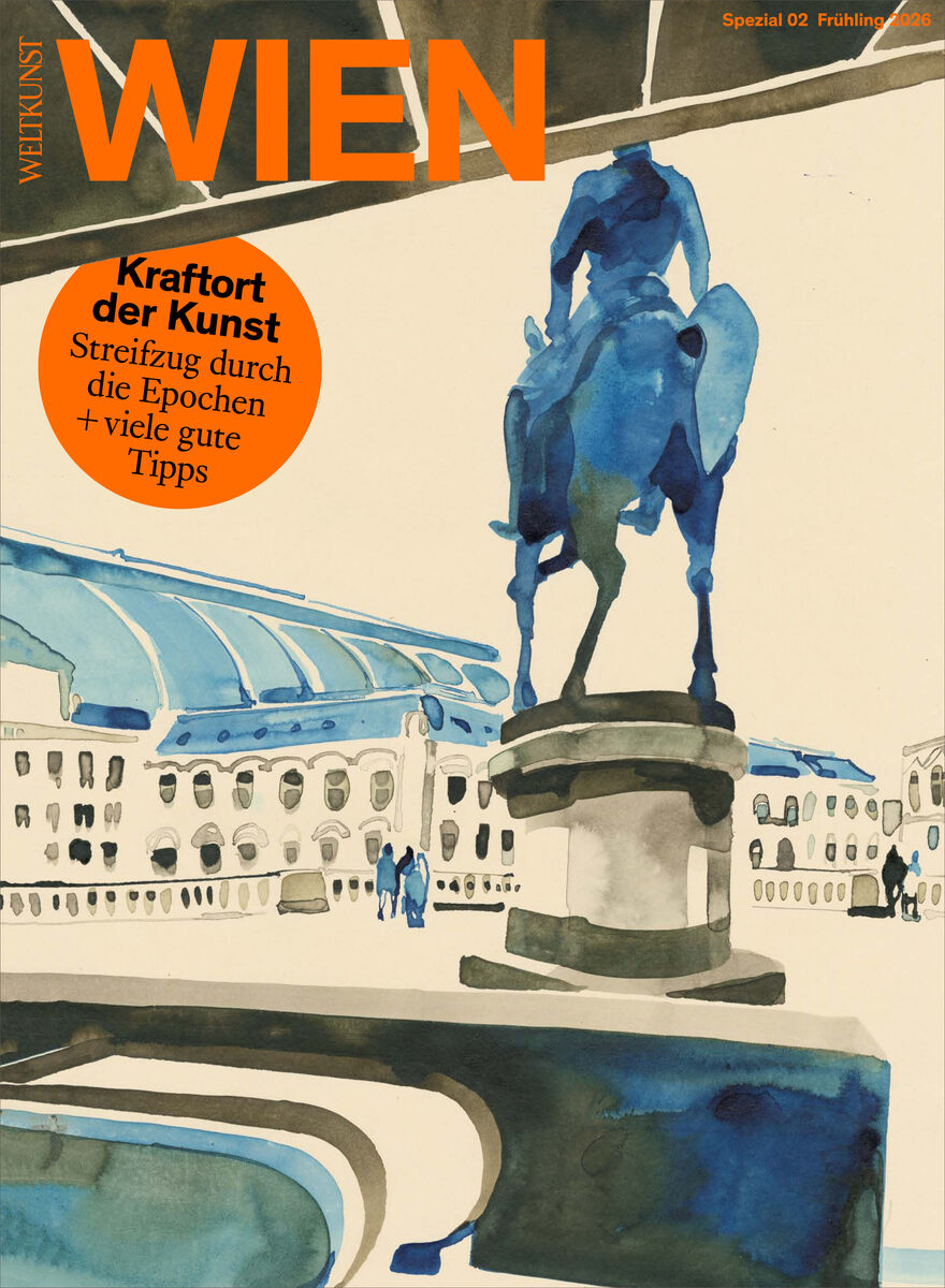 Titelbild des Magazins WELTKUNST 254/26 Sonderheft Wien mit einer stilisierten Aquarellzeichnung eines Reiterdenkmals vor klassischer Architektur, orangefarbener Titel und Kreis mit Hinweisen zu Inhalten wie Kunsttipps und Streifzügen durch die Wiener Kunstwelt.