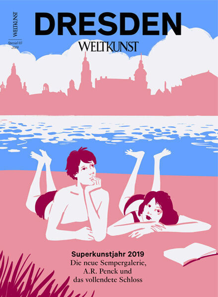Cover des WELTKUNST 159/19 DRESDEN-SPEZIAL Magazins. Zwei Personen liegen am Ufer eines Gewässers vor der Skyline von Dresden. Die Farben sind hauptsächlich rot, weiß, schwarz und blau gehalten. Der Text auf dem Cover lautet: 'SUPERKUNSTJAHR 2019 Die neue Sempergalerie, A.R. Penck und das vollendete Schloss'.