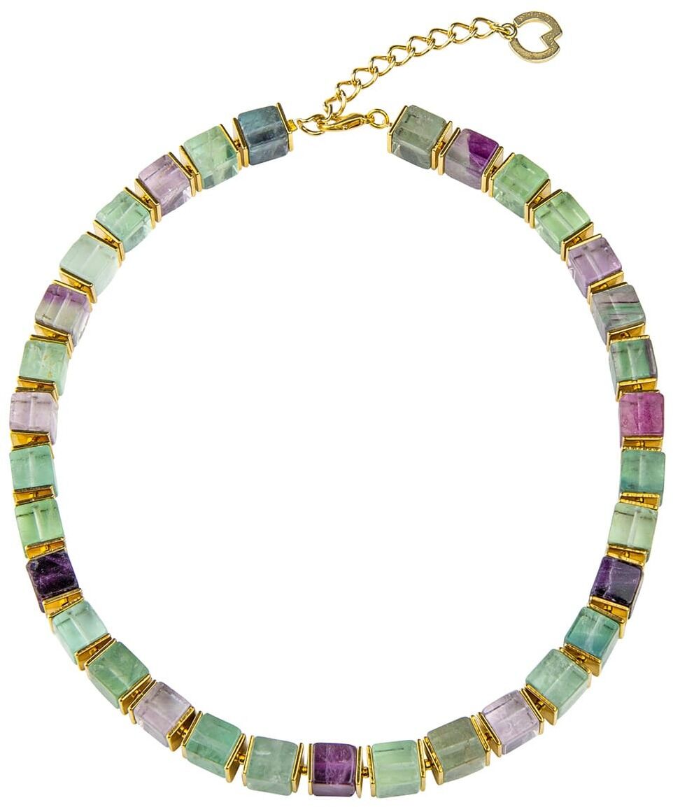 Ein kunstvoll gestaltetes Collier von Petra Waszak mit dem Namen »Nordlicht«. Die Halskette besteht aus unterschiedlich farbigen Steinen, darunter Grün-, Lila-, Türkis- und Rosatönen, verbunden durch Goldakzente. Ihr Design ist elegant und luxuriös.