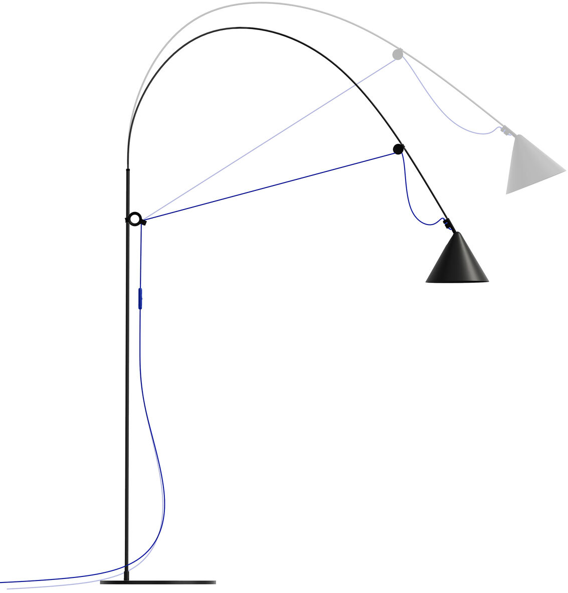 Minimalistische Stehlampe mit schwarz-ultramarinem Design, zwei drehbaren und verstellbaren Schirmen und schlankem Metallgestell.