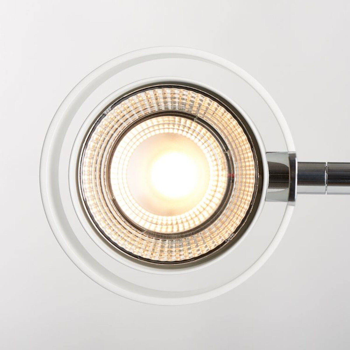 Detailaufnahme der Tischleuchte »Pure« mit modernem, minimalistischem Design und eleganter, runder LED-Leuchte in weißen und silbernen Farben.