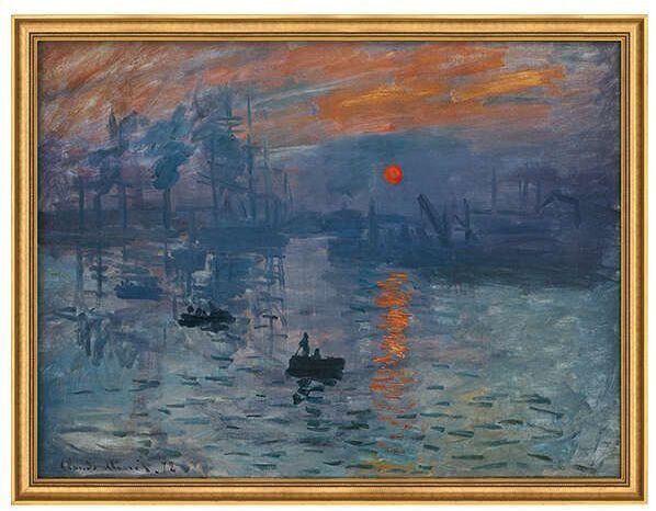 Ein Gemälde von Claude Monet, betitelt 'Impression, Sonnenaufgang' aus dem Jahr 1872, zeigt eine maritime Szene bei Sonnenaufgang. Im Vordergrund reflektiert das Wasser die Farben des Himmels, welcher von blauen und violetten Tönen dominiert wird. Die Sonne, in einem leuchtenden Orange, bricht durch die Dämmerung und hellt die Landschaft auf. Einige Boote und Schiffe sind silhouettiert auf dem Wasser zu sehen.