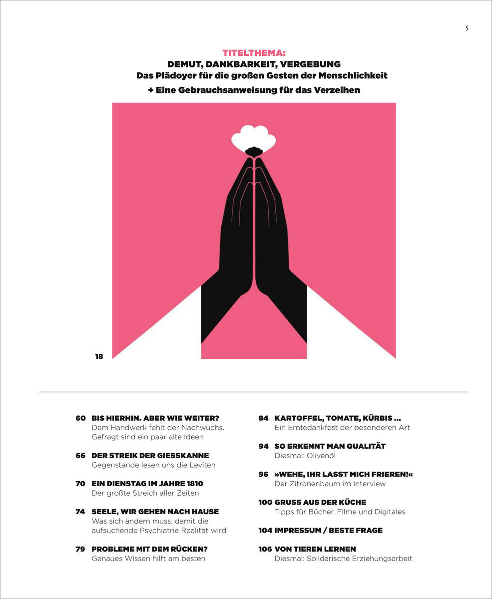 Cover des Magazins ZEIT WISSEN Ausgabe 6/23 mit dem Titelthema 'Demut, Dankbarkeit, Vergebung'. Gezeigt sind betende Hände in Schwarz-Pink Grafik, mit Textblöcken darüber und darunter auf weißem Hintergrund.