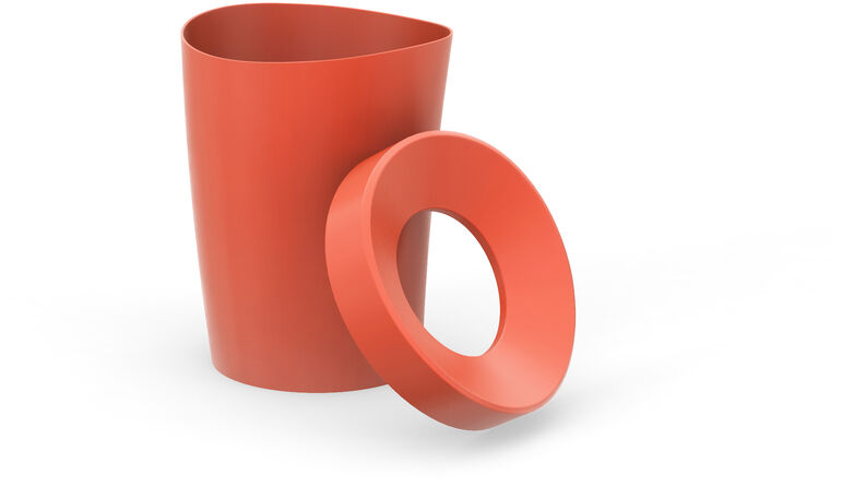 Roter Papierkorb mit modernem, rundem Design und abnehmbarem Deckel. Ideal für Büros und Studienräume.