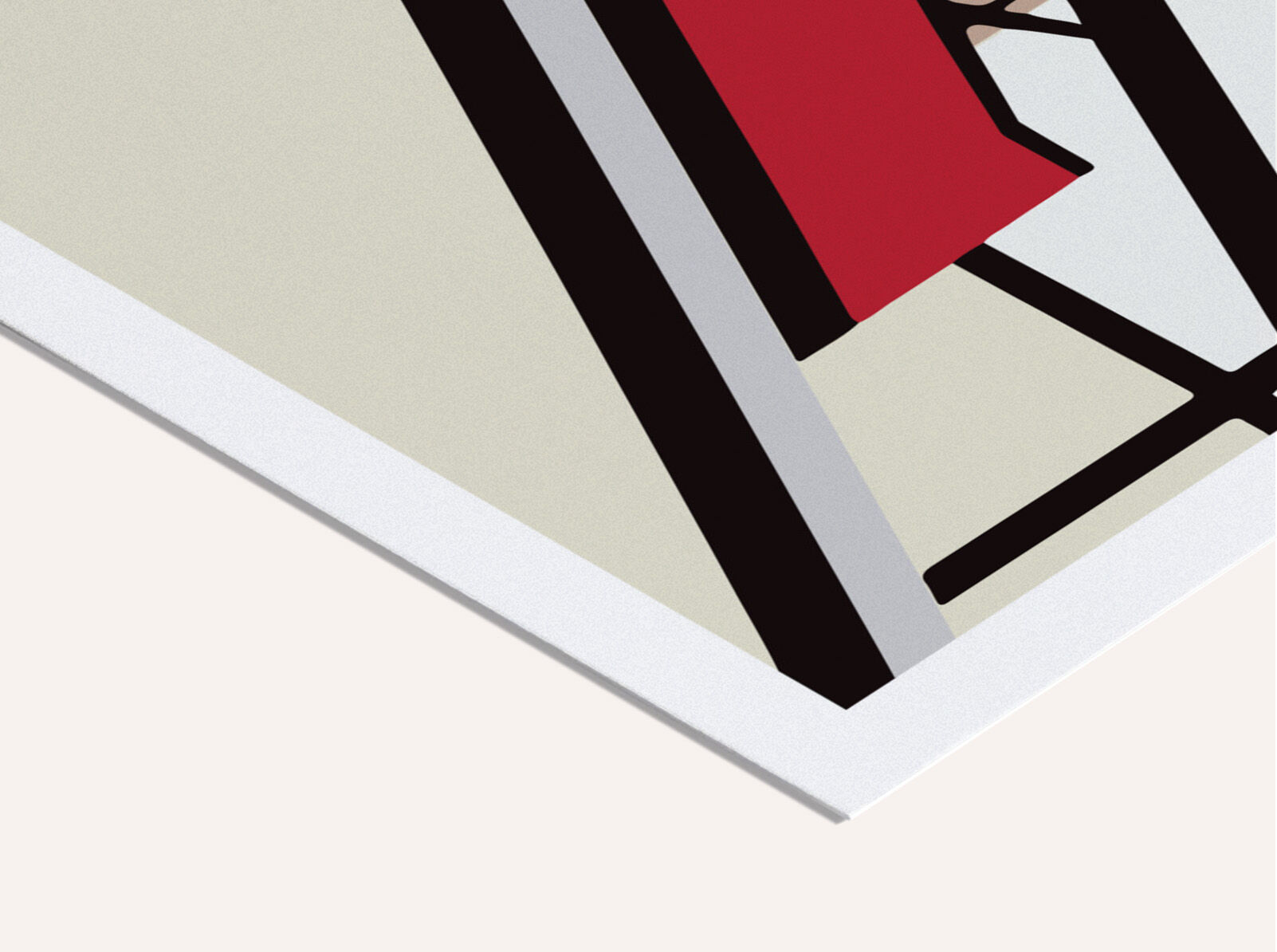 Gerahmtes Poster mit dem Titel »The Bauhaus Stairs« zeigt ein minimalistisches, geometrisches Design, geprägt von modernem Stil und abstrakten Formen in Rot, Schwarz, Weiß, Beige und Grau.